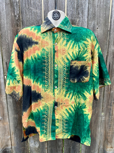 Vintage | tie dyed guayabera With gold embroidery